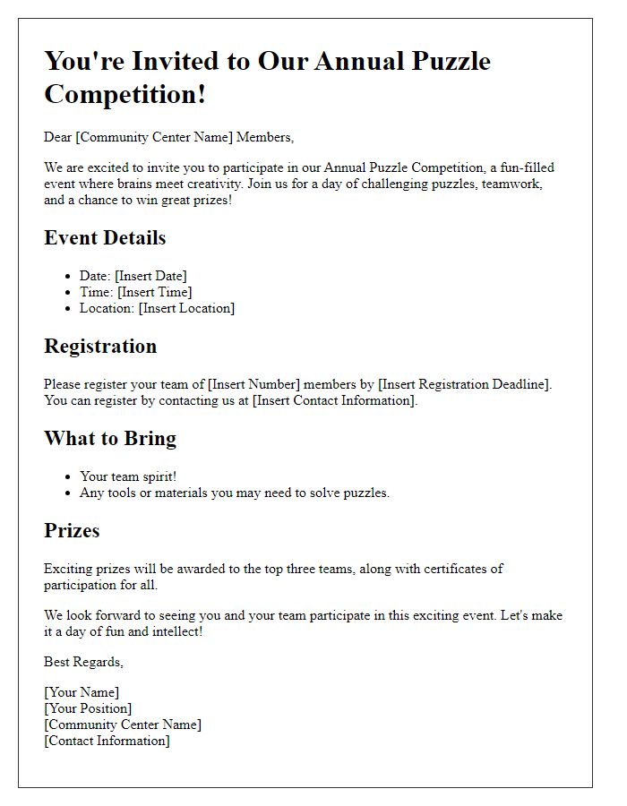 Letter template of puzzle competition invitation for community centers.