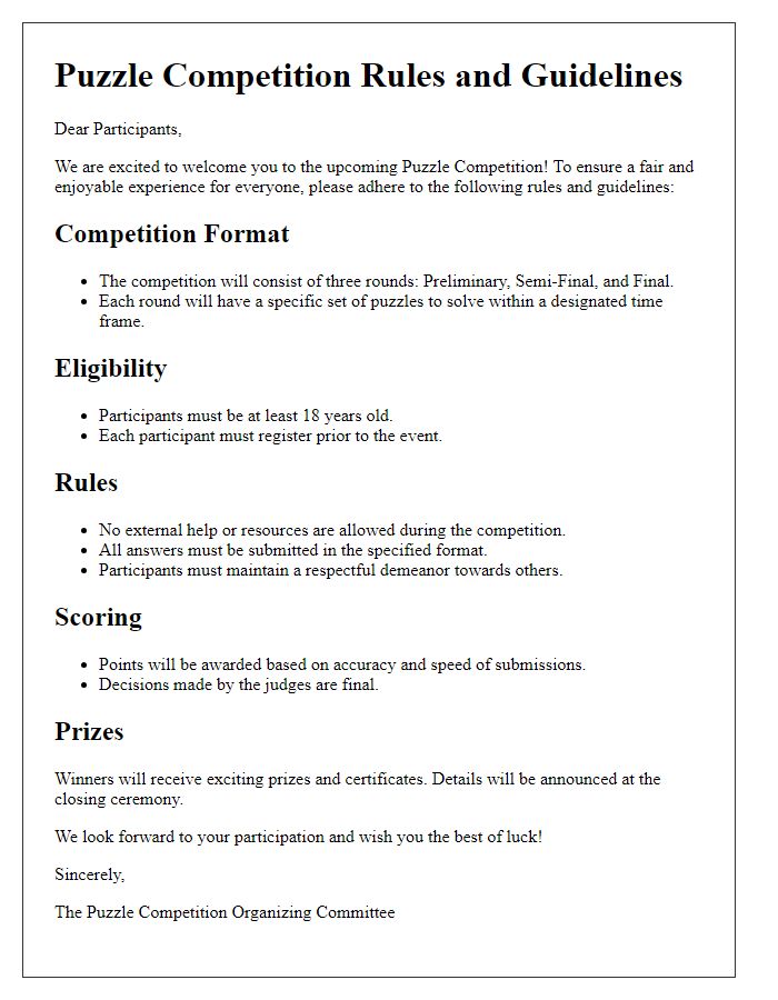 Letter template of puzzle competition rules and guidelines for participants.