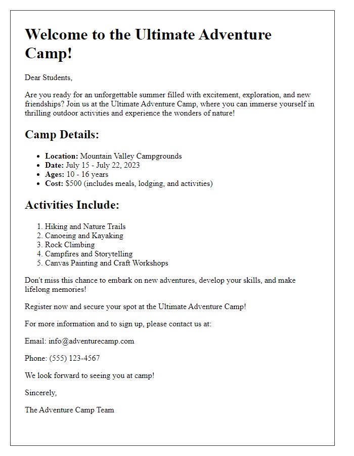 Letter template of adventure camp brochure for students.