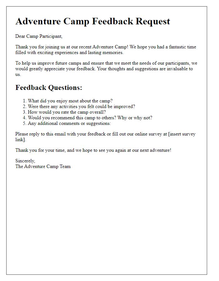 Letter template of adventure camp feedback request for participants.