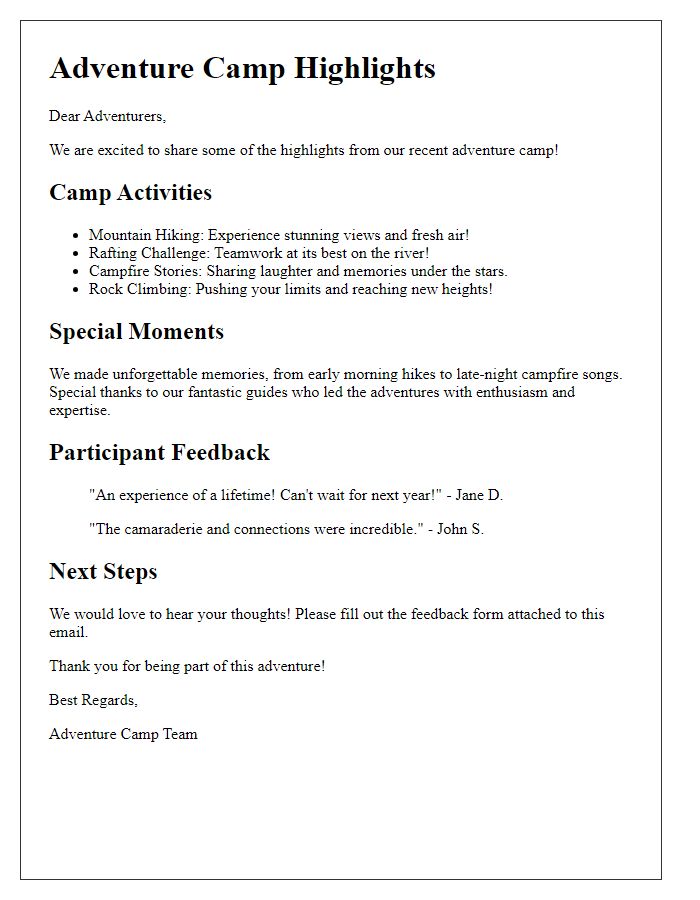 Letter template of adventure camp highlights for participants.