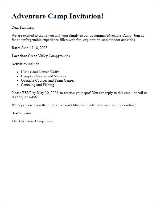 Letter template of adventure camp invitation for families.