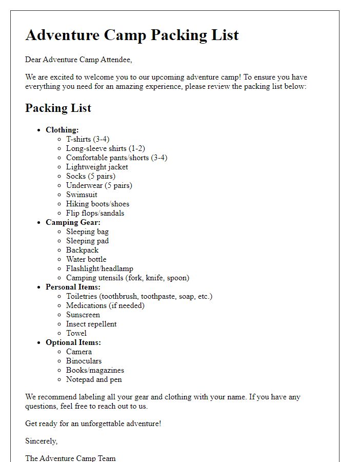 Letter template of adventure camp packing list for attendees.