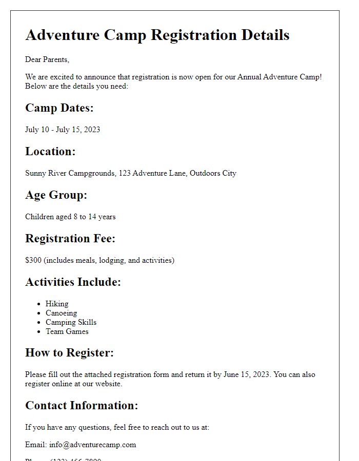 Letter template of adventure camp registration details for parents.