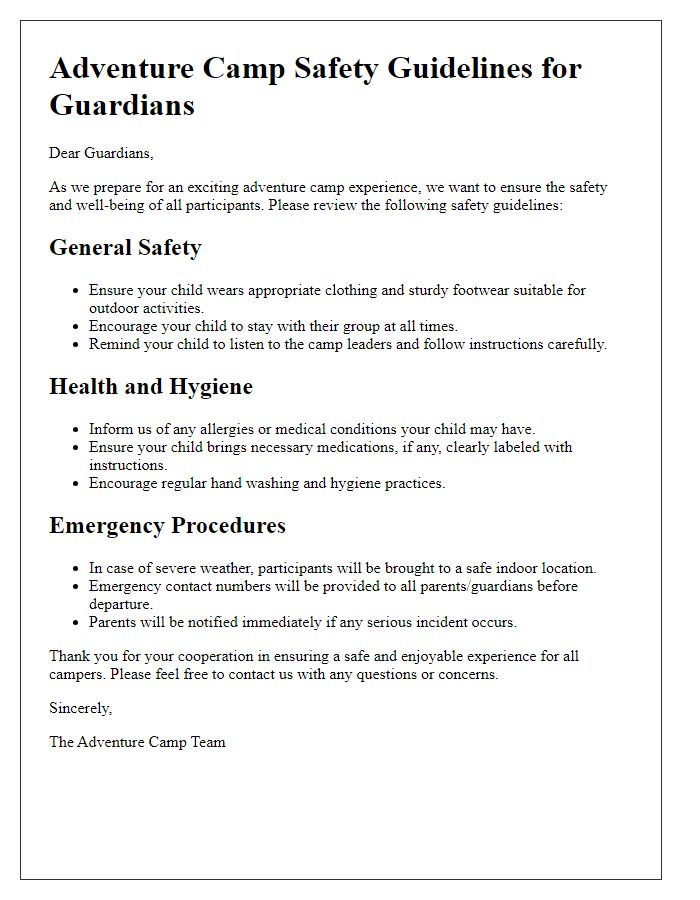 Letter template of adventure camp safety guidelines for guardians.