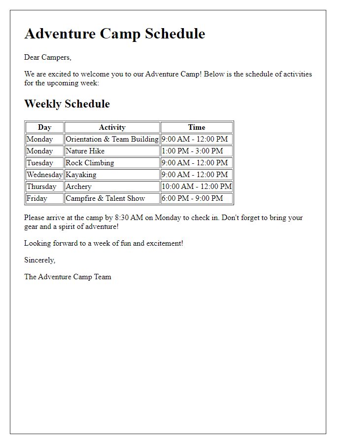 Letter template of adventure camp schedule for campers.