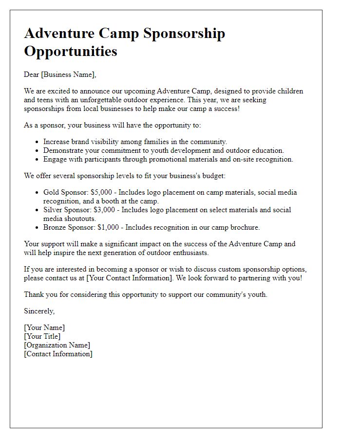 Letter template of adventure camp sponsorship opportunities for businesses.