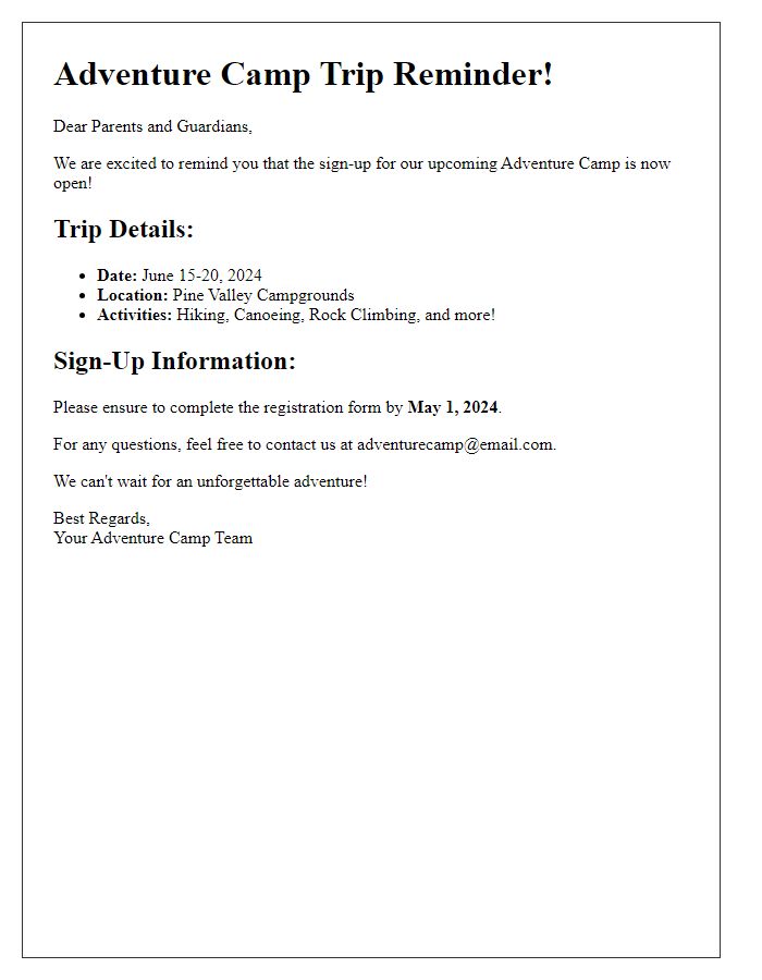 Letter template of adventure camp trip reminders for sign-ups.