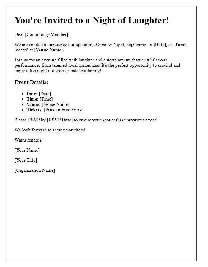 Letter template of comedy night event notification for local community