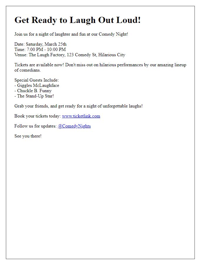 Letter template of comedy night promotional message for social media