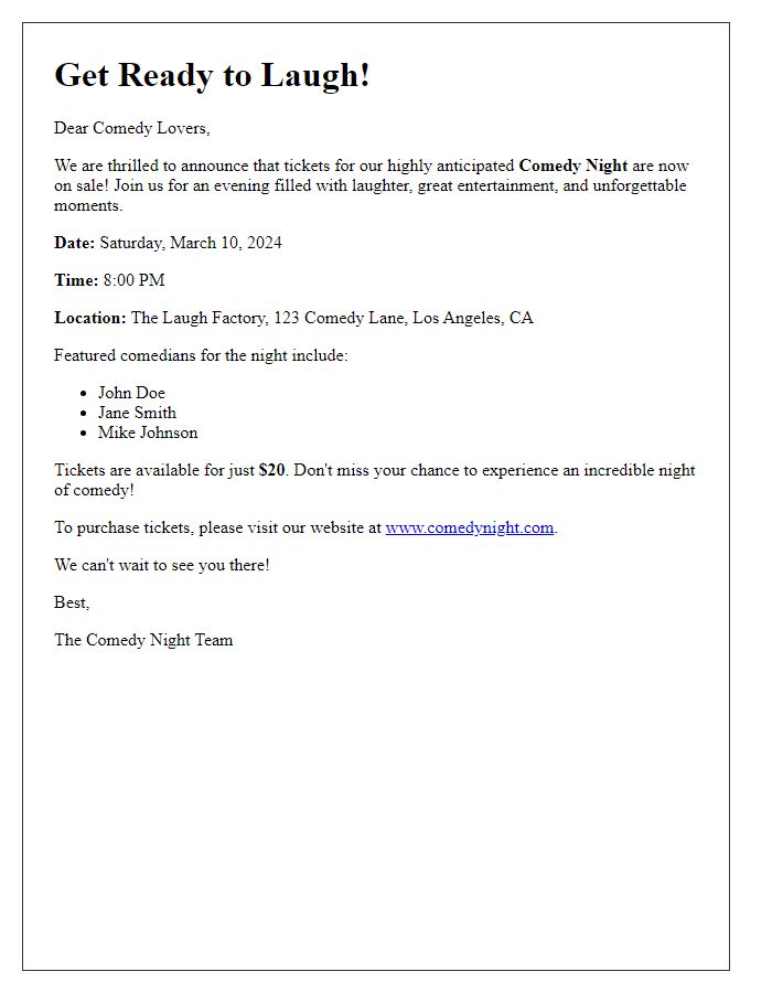 Letter template of comedy night ticket sales announcement