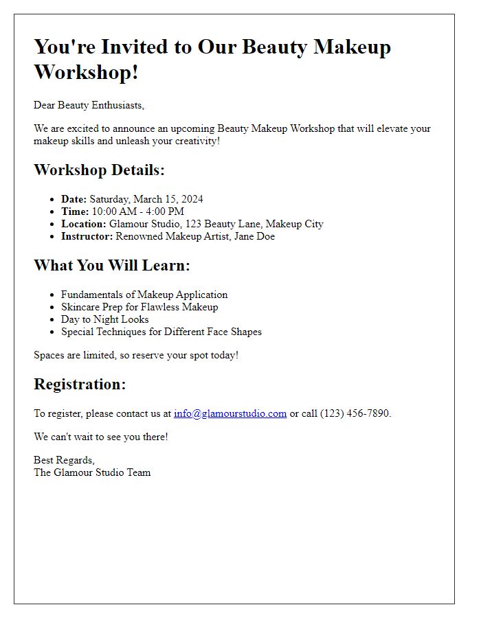 Letter template of Announcement for Beauty Makeup Workshop