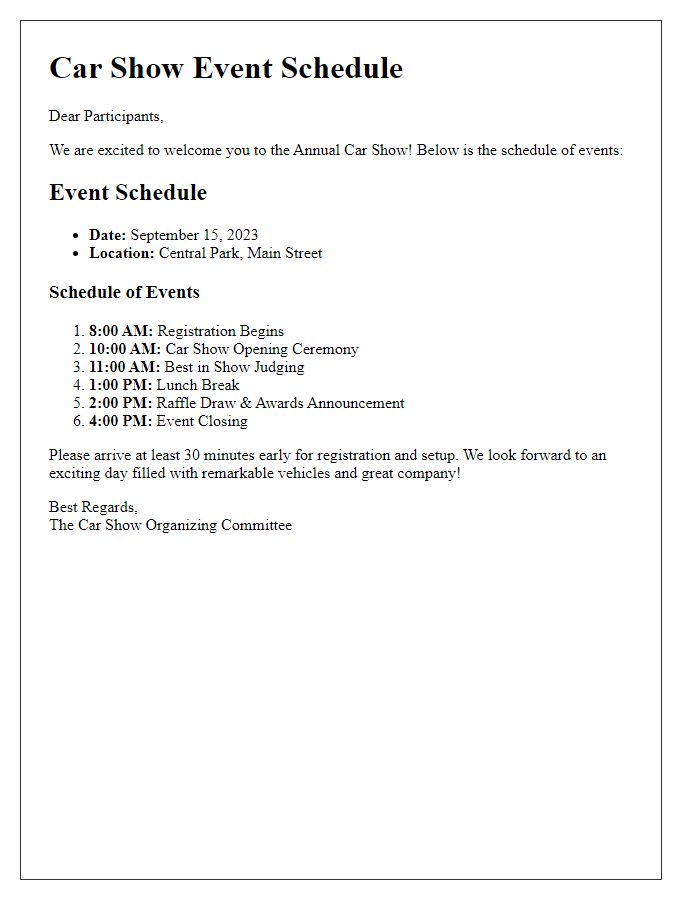 Letter template of event schedule for car show participants.