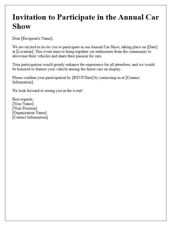 Letter template of invitation for car show participation.