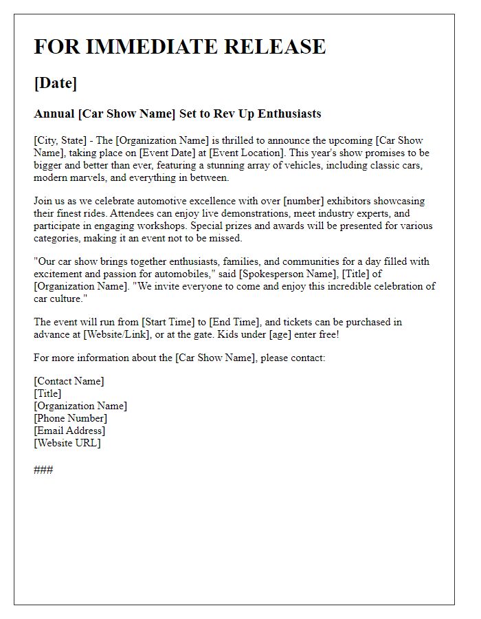 Letter template of press release for upcoming car show.