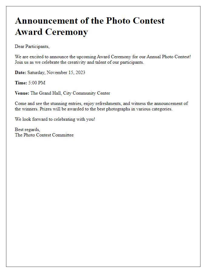 Letter template of announcement for the award ceremony related to a photo contest