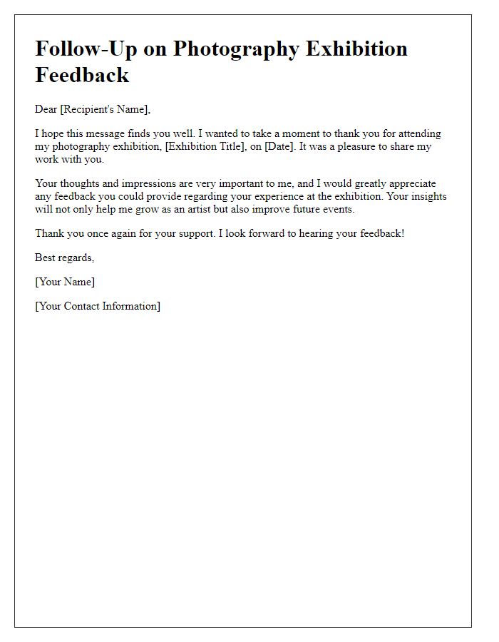 Letter template of follow-up for feedback after a photography exhibition