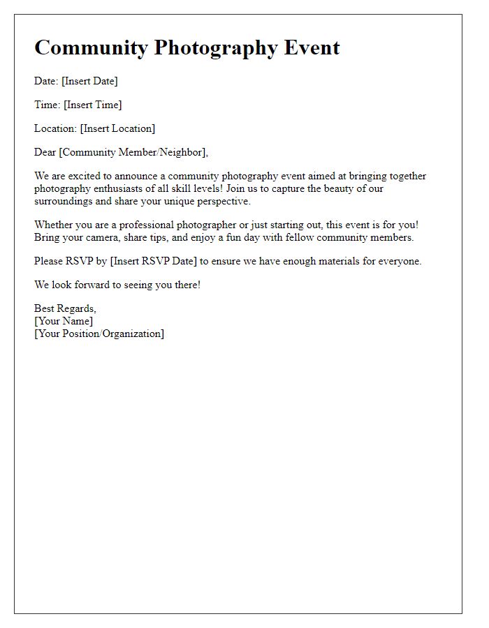 Letter template of notice for a community photography event