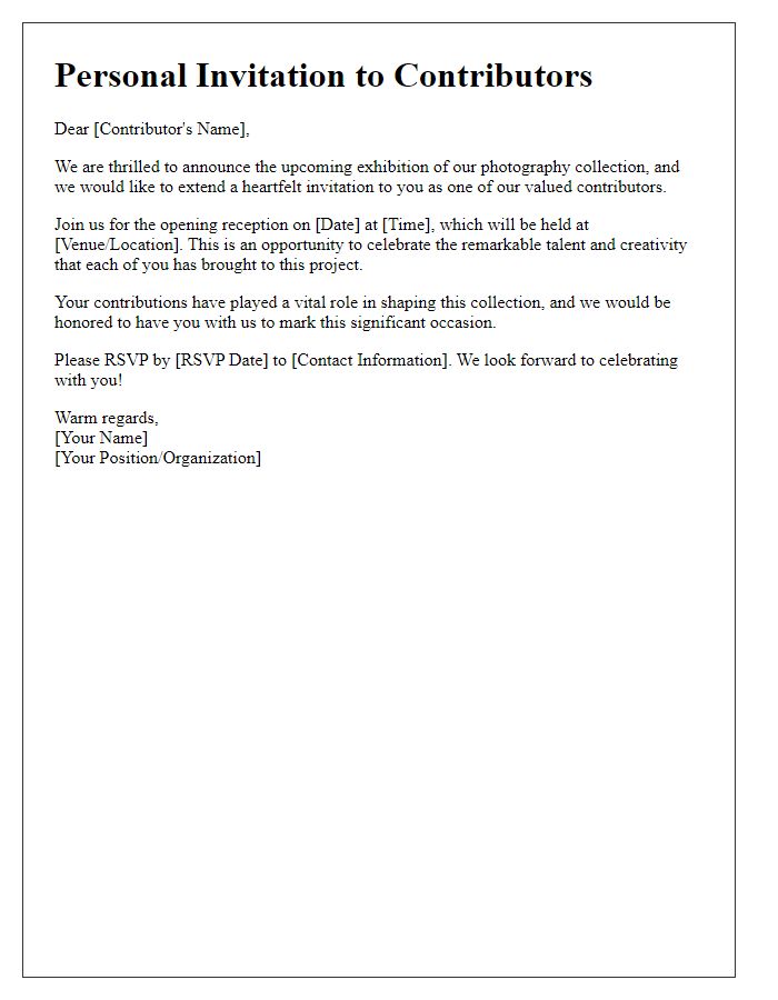 Letter template of personal invitation to contributors of a photography collection