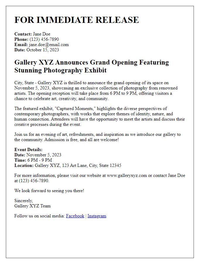 Letter template of press release for a gallery opening featuring photography