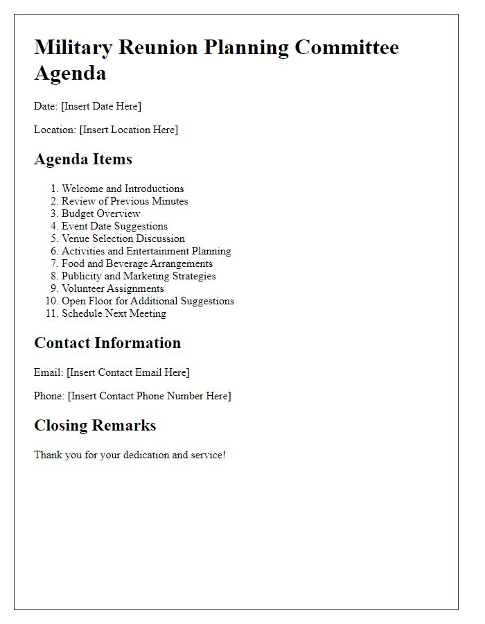 Letter template of military reunion agenda for planning committee.