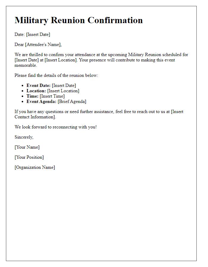 Letter template of military reunion confirmation for attendees.