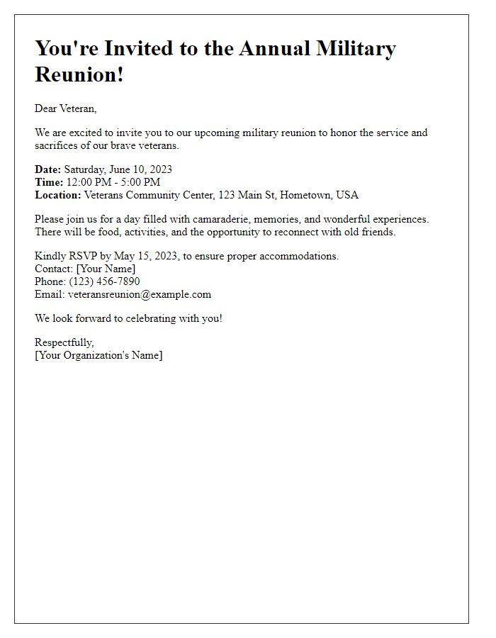 Letter template of military reunion invitation for veterans.