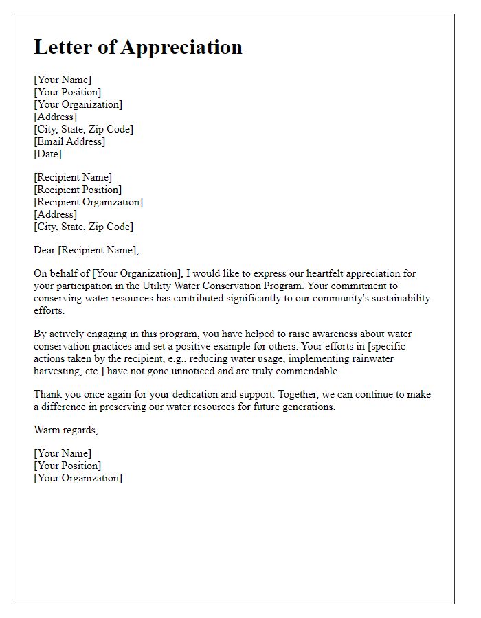 Letter template of appreciation for participating in the utility water conservation program