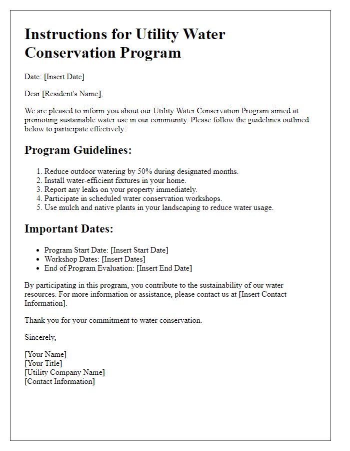 Letter template of instructions for the utility water conservation program