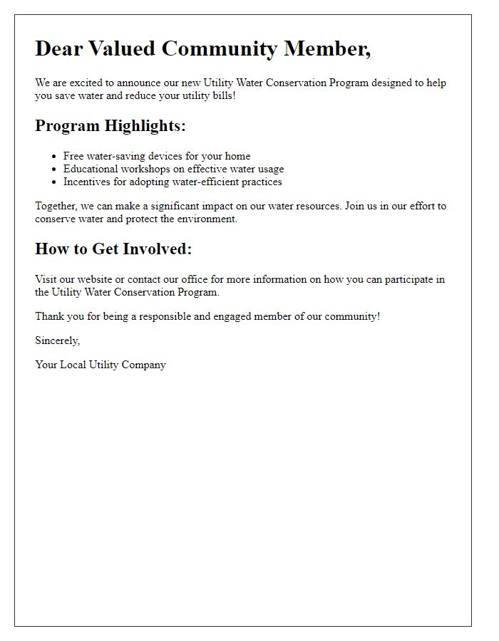 Letter template of promotional materials for the utility water conservation program