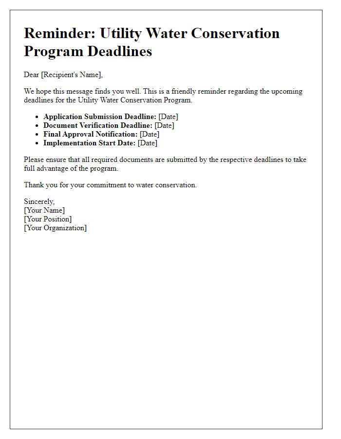 Letter template of reminders for the utility water conservation program deadlines