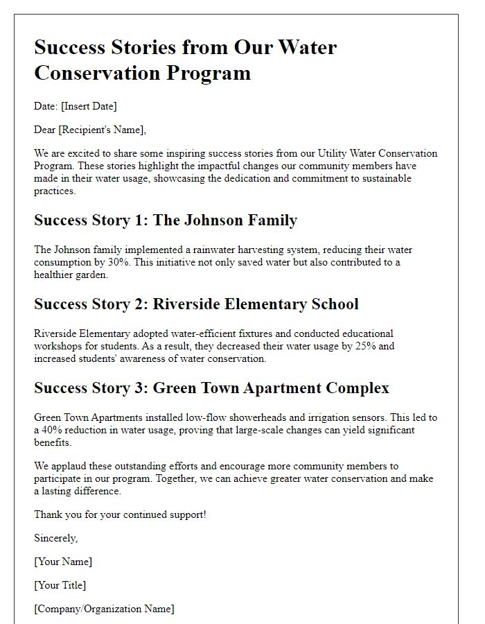 Letter template of success stories from the utility water conservation program