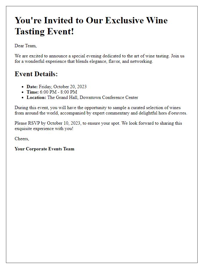 Letter template of wine tasting announcement for corporate gatherings.