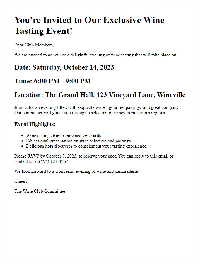 Letter template of wine tasting event details for club members.