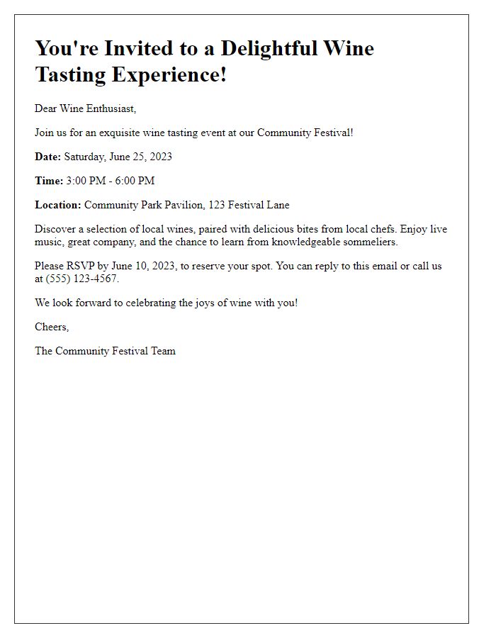 Letter template of wine tasting invitation for community festivals.