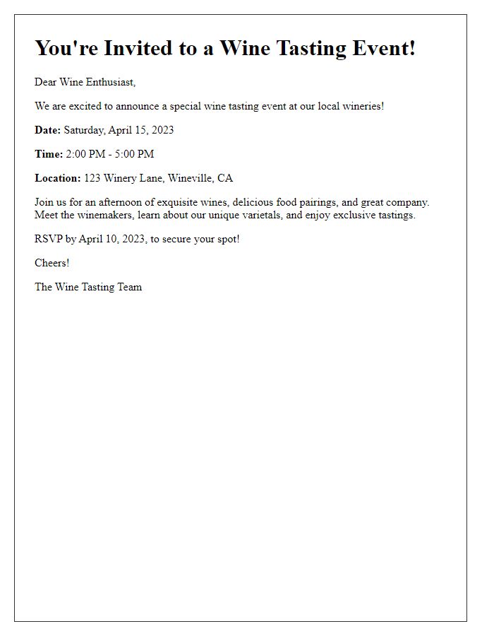 Letter template of wine tasting notification for local wineries.