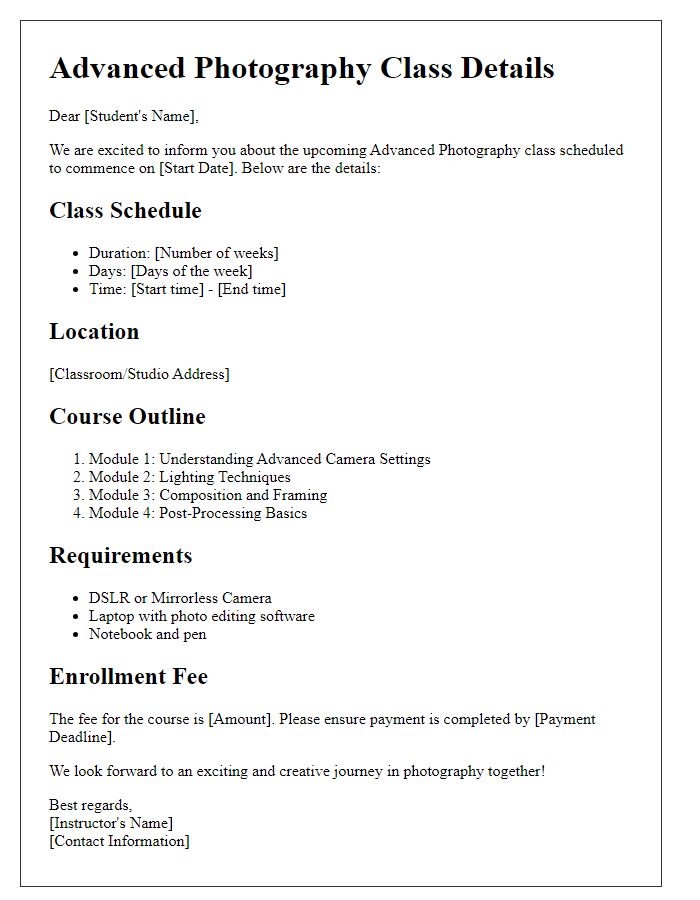 Letter template of advanced photography class details