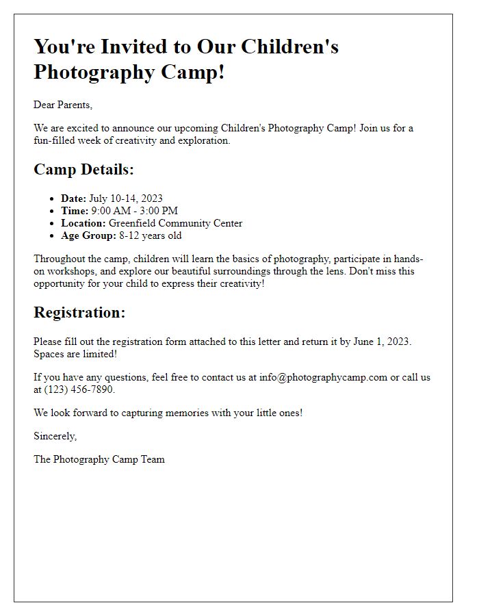 Letter template of children's photography camp announcement