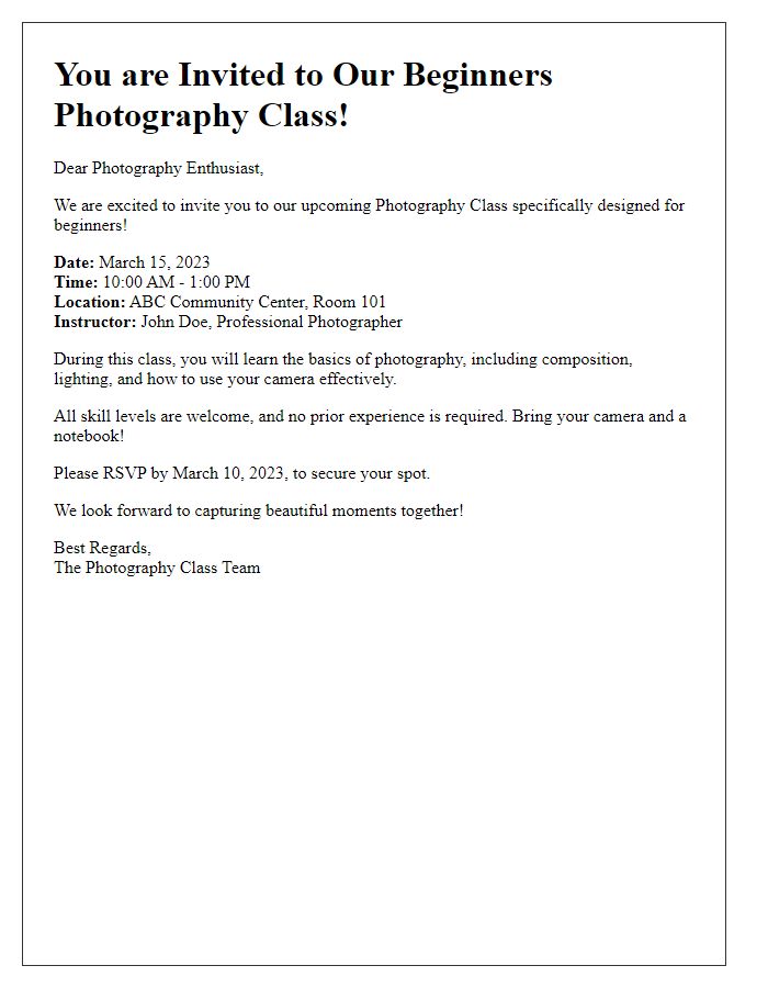 Letter template of photography class invitation for beginners