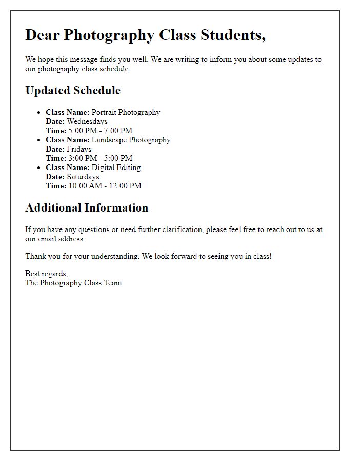 Letter template of photography class schedule updates