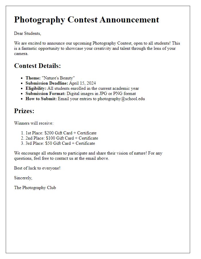 Letter template of photography contest announcement for students