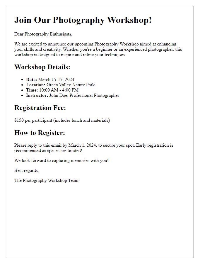 Letter template of photography workshop registration announcement