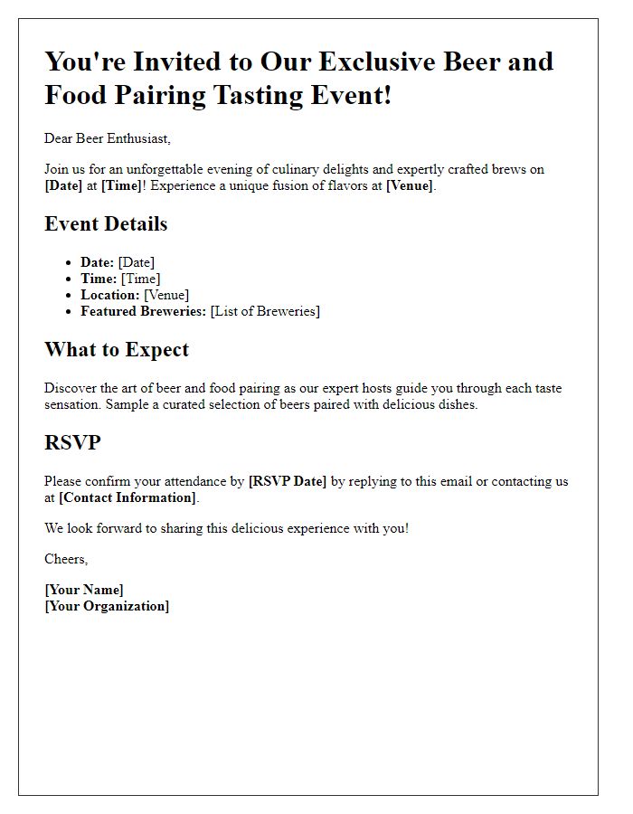 Letter template of a beer and food pairing tasting event