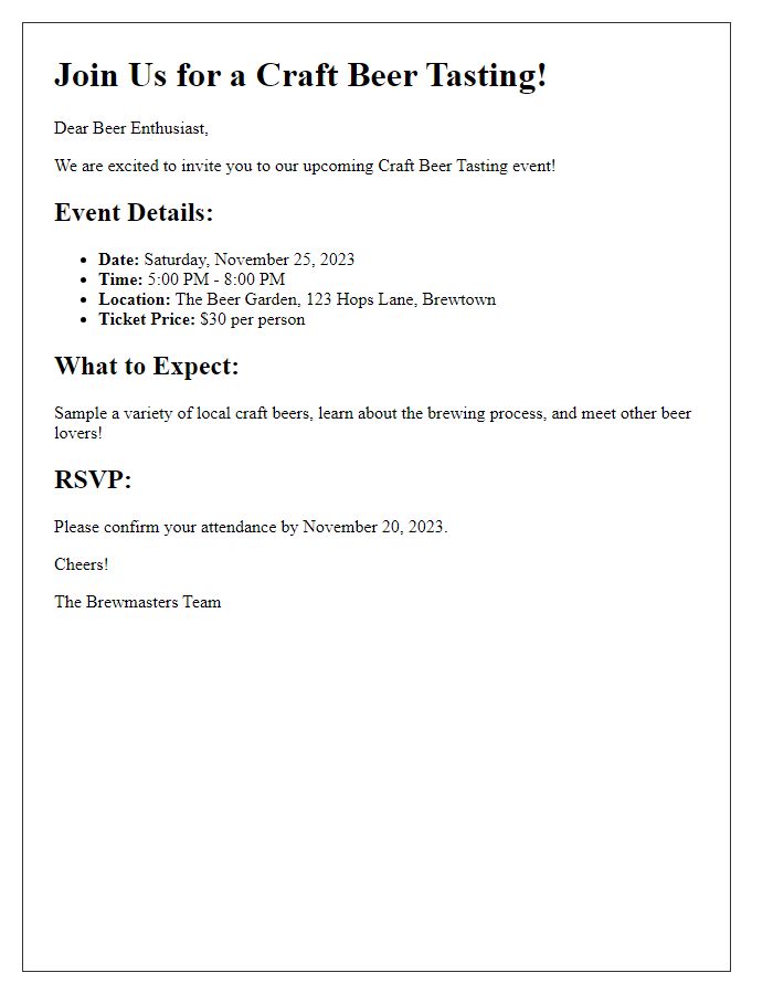 Letter template of craft beer tasting event details