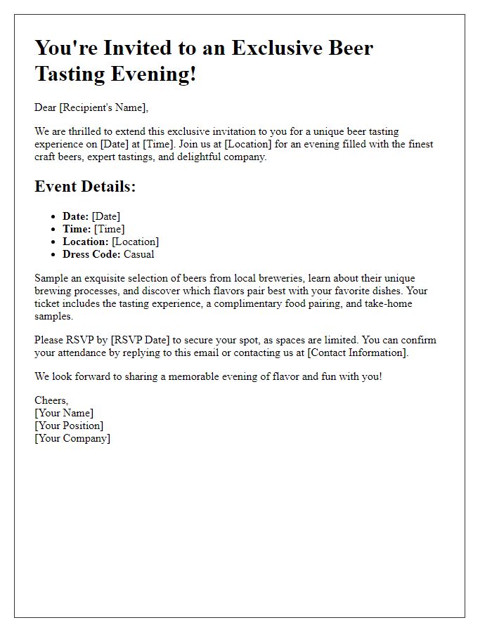 Letter template of an exclusive beer tasting evening