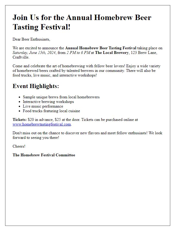 Letter template of a homebrew beer tasting festival announcement