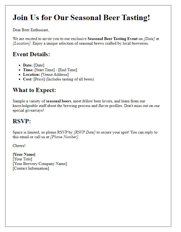 Letter template of a seasonal beer tasting promotion