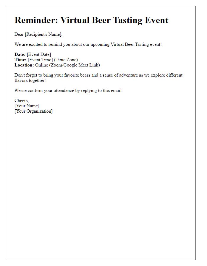 Letter template of a virtual beer tasting event reminder