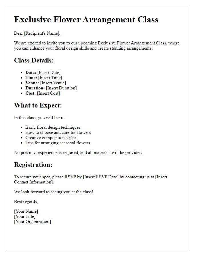 Letter template of exclusive flower arrangement class details.