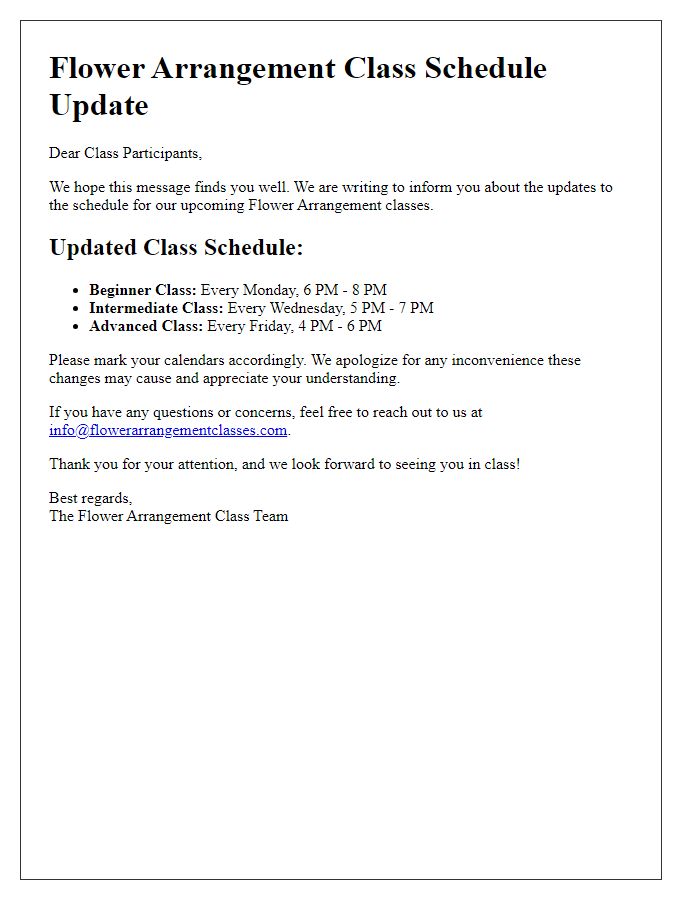 Letter template of flower arrangement class schedule update.